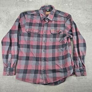 Orvis Mens Heavy Flannel Shirt Lrg Burgundy Gray‎ Plaid Button Up Long Sleeve